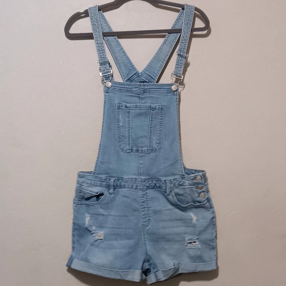 Denim Overall Short Light Wash Women Denim Blue SxXL Stretchy Waist